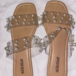 Olivia Miller Clear Pearl-Embellished Slide Sandals - Nude/Tan